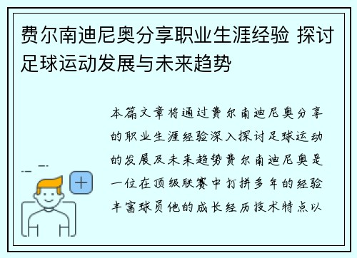 费尔南迪尼奥分享职业生涯经验 探讨足球运动发展与未来趋势