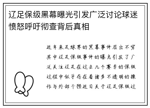 辽足保级黑幕曝光引发广泛讨论球迷愤怒呼吁彻查背后真相